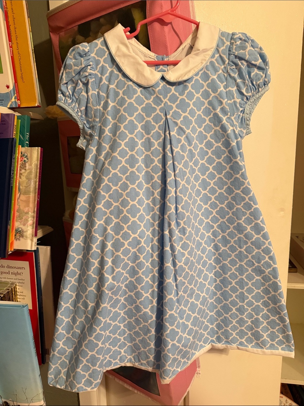 Girls' Light Blue Patterned Dress with White Peter Pan Collar